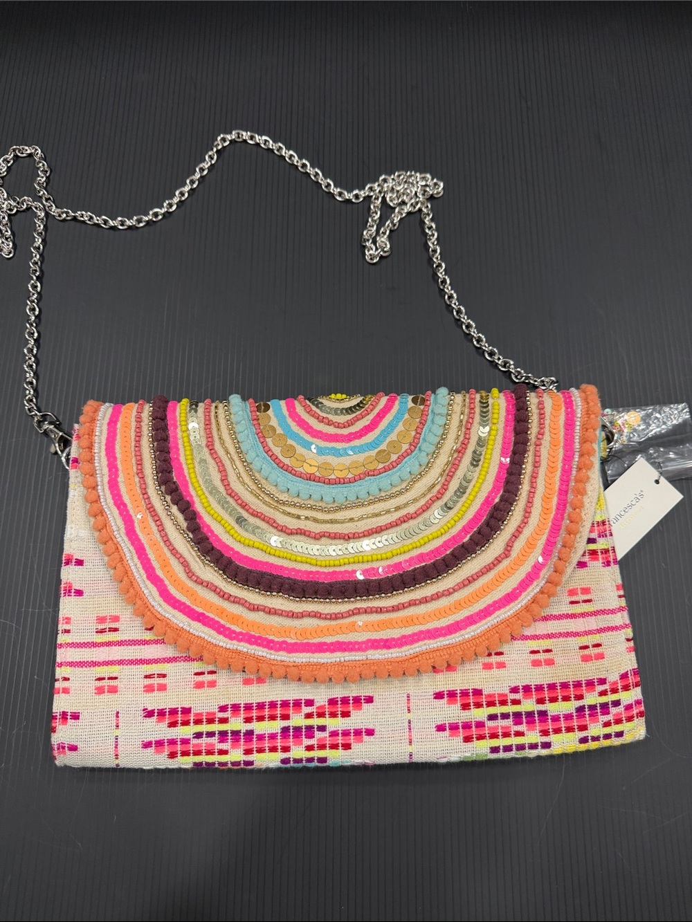 Francesca's Collections Multicolor Embroidered Crossbody Bag with Silver Chain